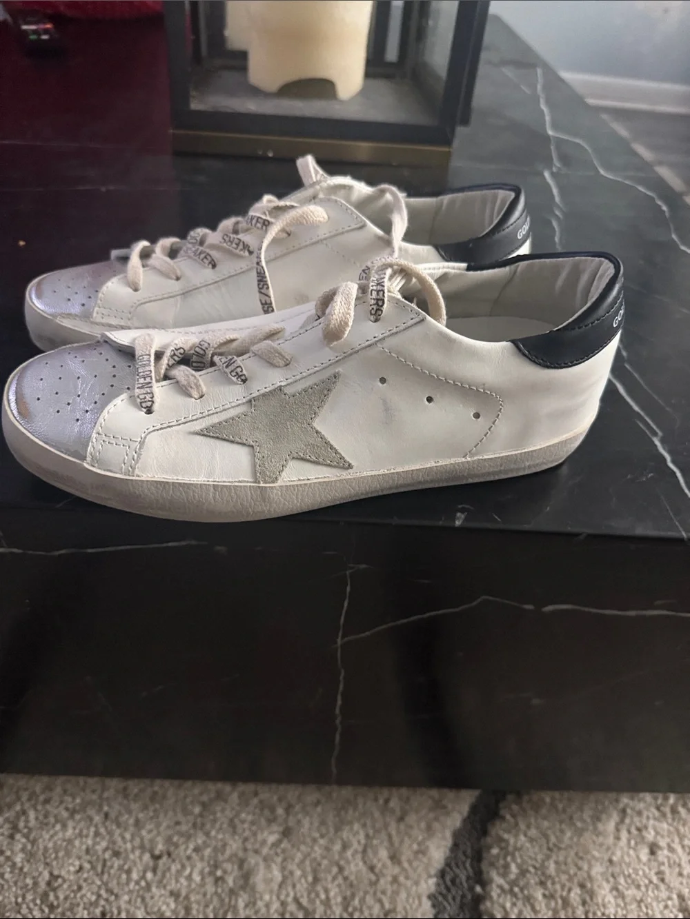Golden Goose Men’s White Leather Sneakers with Silver Toe and Gray Star